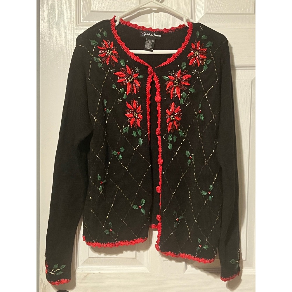Work in Progress Christmas Cardigan Beaded VNTG embroider 90s Y2K sweater Med